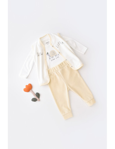 UP-BC-CSYK6023-6,Set 3 piese Broscuta cu body, pantalonasi si vestuta din 80%bumbac organic si 20% poliester - Crem, Baby Cosy