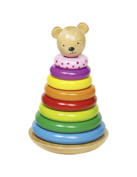 GOKI58916,Turn multicolor de stivuire cu ursulet - Set indemanare din lemn