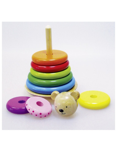 GOKI58916,Turn multicolor de stivuire cu ursulet - Set indemanare din lemn