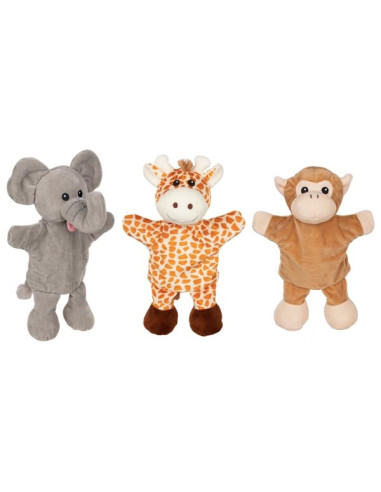 GOKI50960M,Papusa de mana cu animale - girafa, elefant si maimuta
