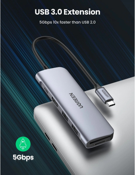 70411,DOCKING Station Ugreen, "CM195" conectare PC USB Type-C, USB 3.0 x 2|HDMI x 1/4K/30Hz|Card reader x 1|USB Type C x 1 PD 10