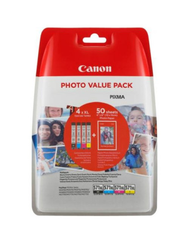 BS0332C005AA,Set cartuse cerneala Canon B+C+M+Y cap.mare CLI-571XL + hartie foto 10x15 50coli