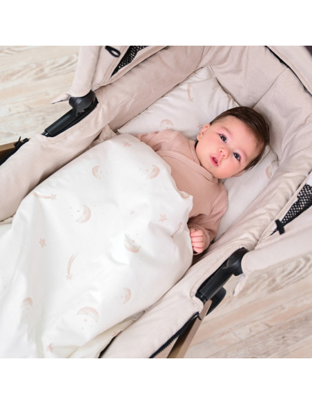 20801175502,Set lenjerie pentru carucior, cu protectie impermeabila, 7 piese, Comets Beige