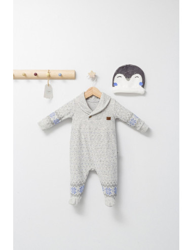 UP-tgs_4500-2,Salopeta pentru bebelusi cu botosei si caciulita Penguins, Tongs baby, Gri