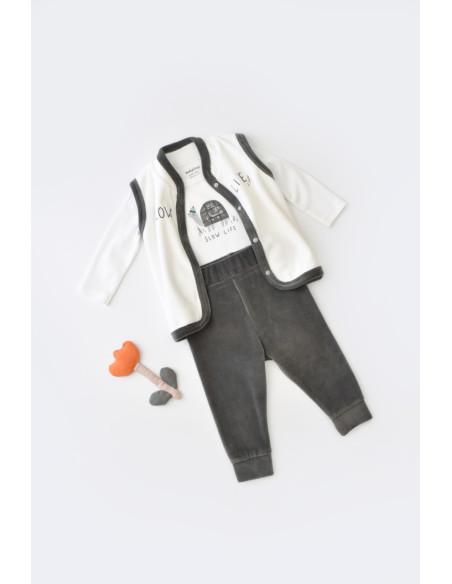 UP-BC-CSYK6024-3,Set 3 piese Broscuta cu body, pantalonasi si vestuta din 80%bumbac organic si 20% poliester - Antracit, Baby Co