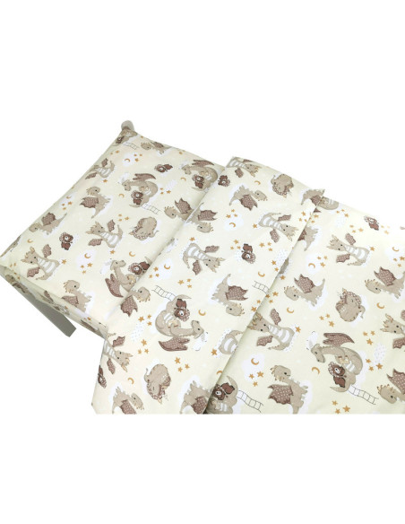 BN-6426972021340,Qmini - Lenjerie junior cu 2 piese, Din bumbac certificat Oeko Tex Standard 100, 140 x 200 cm, Dragons Beige