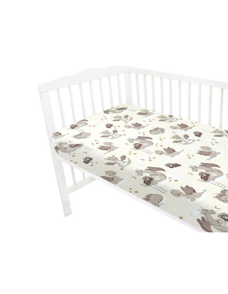 BN-6426972021661,Qmini - Cearceaf cu elastic pentru patut 120X60 cm, Din bumbac certificat Oeko Tex Standard 100, Dragons Beige