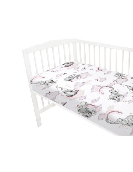 BN-6426972021777,Qmini - Cearceaf cu elastic pentru patut 140X70 cm, Din bumbac certificat Oeko Tex Standard 100, Elephants on R