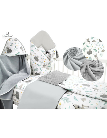 BN-6426972020145,MimiNu - Set pentru bebelusi, 6+1 piese, Cu paturica de infasat, Prosop, Paturica, Cearceaf 120x60 cm, Fata de 