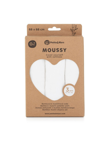 BN-415833,Petite&Mars - Set 3 scutece din muselina de bambus Moussy Total White, Hipoalergenice, 68 x 68 cm, Certificate Oeko Te