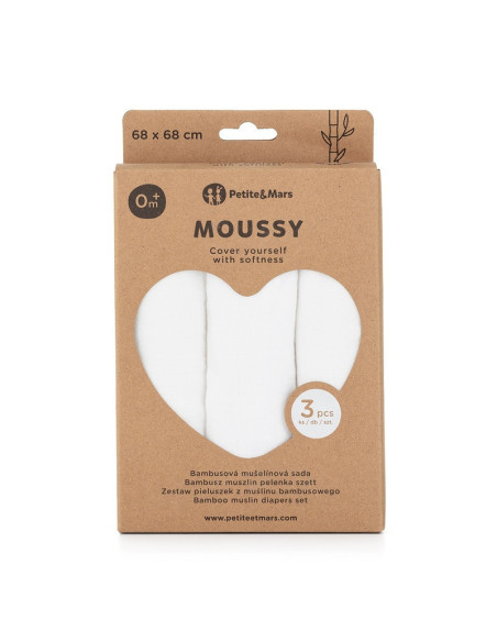 BN-415833,Petite&Mars - Set 3 scutece din muselina de bambus Moussy Total White, Hipoalergenice, 68 x 68 cm, Certificate Oeko Te