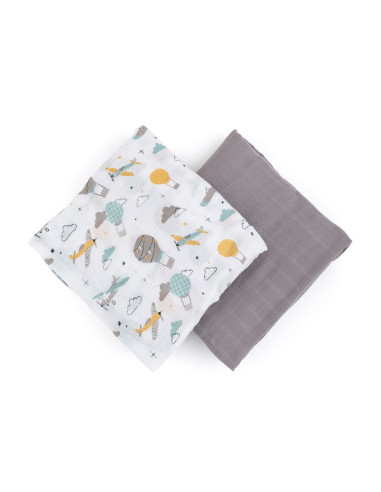 BN-417361,Petite&Mars - Set 2 scutece din muselina de bambus Misty Grey Planes, Hipoalergenice, Dimensiuni mari 120 x 120 cm, Ce