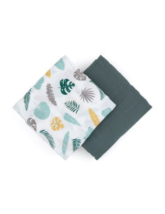 BN-417363,Petite&Mars - Set 2 scutece din muselina de bambus Misty Green Leaves, Hipoalergenice, Dimensiuni mari 120 x 120 cm, C