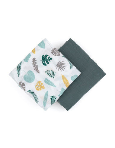 BN-417363,Petite&Mars - Set 2 scutece din muselina de bambus Misty Green Leaves, Hipoalergenice, Dimensiuni mari 120 x 120 cm, C