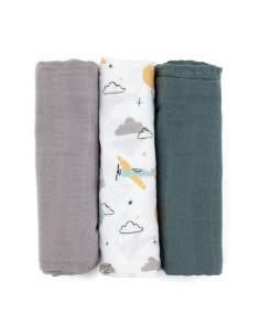 BN-415361,Petite&Mars - Set 3 scutece din muselina de bambus Moussy Grey Planes, Hipoalergenice, 68 x 68 cm, Certificate Oeko Te 2