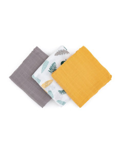 BN-415360,Petite&Mars - Set 3 scutece din muselina de bambus Moussy Ochre Leaves, Hipoalergenice, 68 x 68 cm, Certificate Oeko T