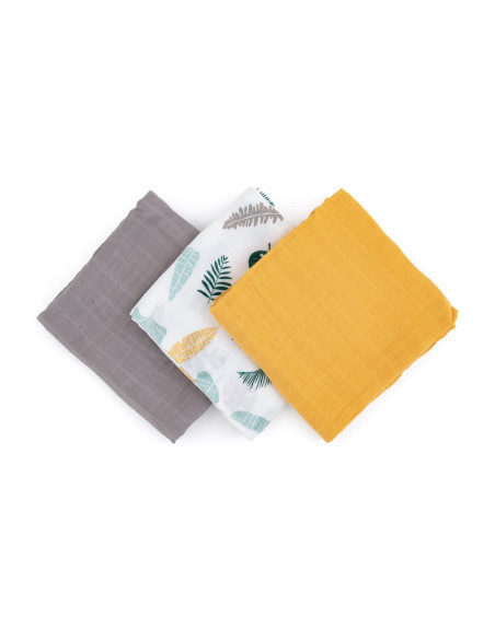 BN-415360,Petite&Mars - Set 3 scutece din muselina de bambus Moussy Ochre Leaves, Hipoalergenice, 68 x 68 cm, Certificate Oeko T