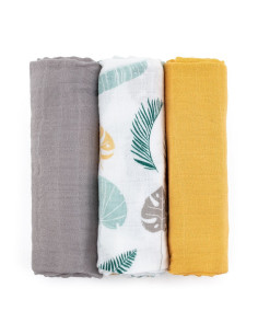 BN-415360,Petite&Mars - Set 3 scutece din muselina de bambus Moussy Ochre Leaves, Hipoalergenice, 68 x 68 cm, Certificate Oeko T 2