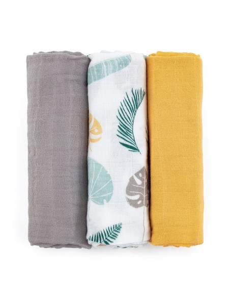 BN-415360,Petite&Mars - Set 3 scutece din muselina de bambus Moussy Ochre Leaves, Hipoalergenice, 68 x 68 cm, Certificate Oeko T