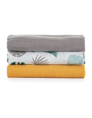 BN-415360,Petite&Mars - Set 3 scutece din muselina de bambus Moussy Ochre Leaves, Hipoalergenice, 68 x 68 cm, Certificate Oeko T