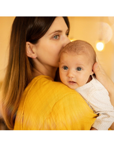 BN-415360,Petite&Mars - Set 3 scutece din muselina de bambus Moussy Ochre Leaves, Hipoalergenice, 68 x 68 cm, Certificate Oeko T