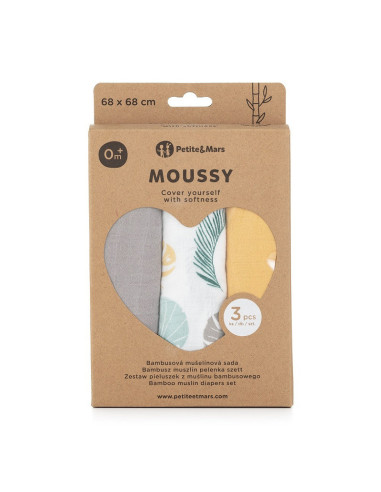 BN-415360,Petite&Mars - Set 3 scutece din muselina de bambus Moussy Ochre Leaves, Hipoalergenice, 68 x 68 cm, Certificate Oeko T