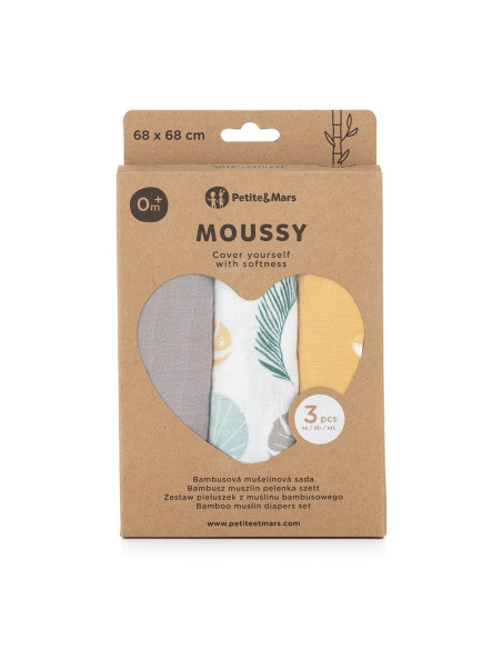BN-415360,Petite&Mars - Set 3 scutece din muselina de bambus Moussy Ochre Leaves, Hipoalergenice, 68 x 68 cm, Certificate Oeko T