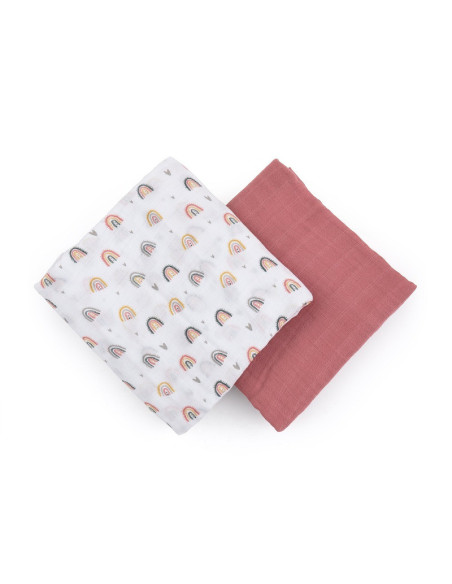 BN-417362,Petite&Mars - Set 2 scutece din muselina de bambus Misty Rose Rainbow, Hipoalergenice, Dimensiuni mari 120 x 120 cm, C