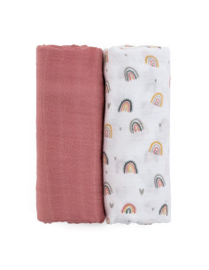 BN-417362,Petite&Mars - Set 2 scutece din muselina de bambus Misty Rose Rainbow, Hipoalergenice, Dimensiuni mari 120 x 120 cm, C 2