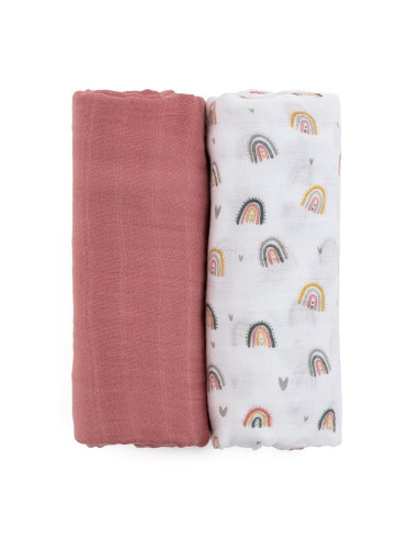 BN-417362,Petite&Mars - Set 2 scutece din muselina de bambus Misty Rose Rainbow, Hipoalergenice, Dimensiuni mari 120 x 120 cm, C