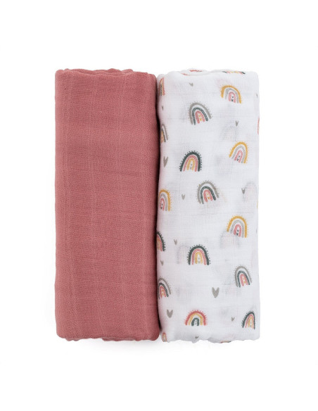 BN-417362,Petite&Mars - Set 2 scutece din muselina de bambus Misty Rose Rainbow, Hipoalergenice, Dimensiuni mari 120 x 120 cm, C