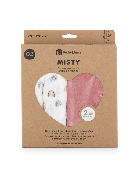 BN-417362,Petite&Mars - Set 2 scutece din muselina de bambus Misty Rose Rainbow, Hipoalergenice, Dimensiuni mari 120 x 120 cm, C