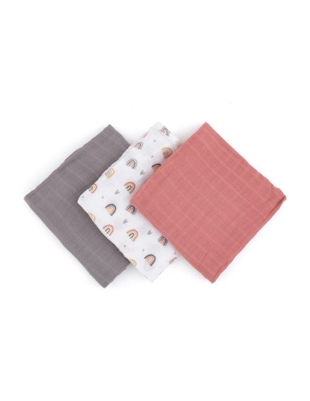 BN-415362,Petite&Mars - Set 3 scutece din muselina de bambus Moussy Rose Rainbow, Hipoalergenice, 68 x 68 cm, Certificate Oeko T