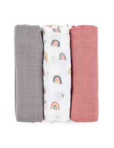 BN-415362,Petite&Mars - Set 3 scutece din muselina de bambus Moussy Rose Rainbow, Hipoalergenice, 68 x 68 cm, Certificate Oeko T 2