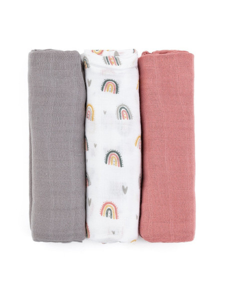 BN-415362,Petite&Mars - Set 3 scutece din muselina de bambus Moussy Rose Rainbow, Hipoalergenice, 68 x 68 cm, Certificate Oeko T