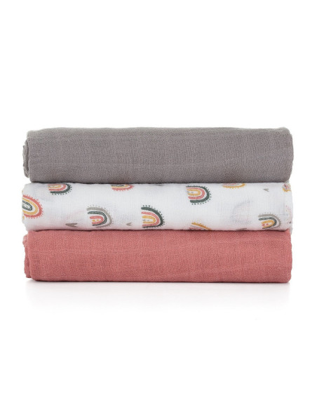 BN-415362,Petite&Mars - Set 3 scutece din muselina de bambus Moussy Rose Rainbow, Hipoalergenice, 68 x 68 cm, Certificate Oeko T