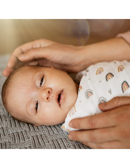 BN-415362,Petite&Mars - Set 3 scutece din muselina de bambus Moussy Rose Rainbow, Hipoalergenice, 68 x 68 cm, Certificate Oeko T