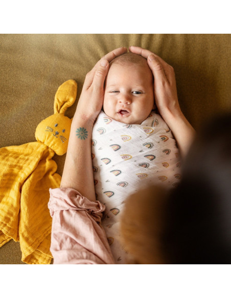 BN-415362,Petite&Mars - Set 3 scutece din muselina de bambus Moussy Rose Rainbow, Hipoalergenice, 68 x 68 cm, Certificate Oeko T