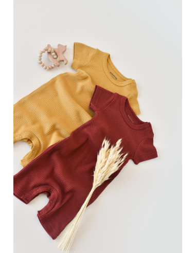 UP-BC-CSYM11405-3,Set de 2 salopetele cu maneca scurta din bumbac organic si modal - Caramiziu/ Sofran