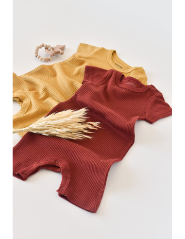 UP-BC-CSYM11405-3,Set de 2 salopetele cu maneca scurta din bumbac organic si modal - Caramiziu/ Sofran