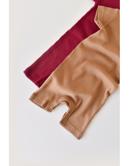 UP-BC-CSYM11406-3,Set de 2 salopetele cu maneca scurta din bumbac organic si modal - Rosu/ Maro