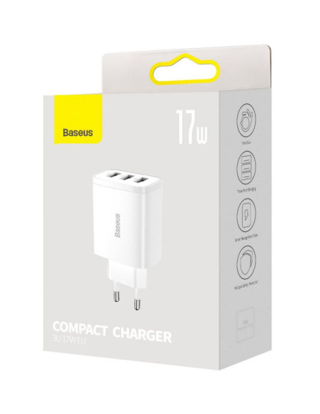 CCXJ020102,INCARCATOR retea Baseus Compact,17W, 3 x USB 5V/2.1A, alb "CCXJ020102" (timbru verde 0.18 lei) - 6932172606978