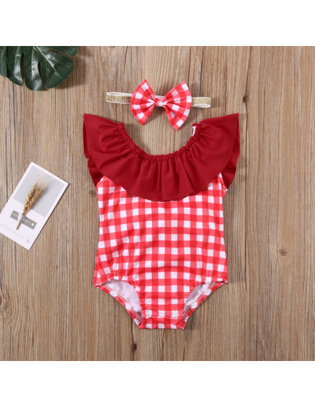 UP-drl47b25,Costum de baie cu patratele rosii si bentita