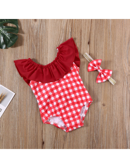 UP-drl47b25,Costum de baie cu patratele rosii si bentita