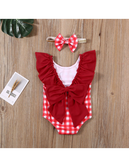 UP-drl47b25,Costum de baie cu patratele rosii si bentita