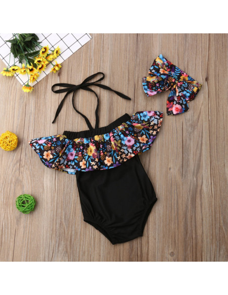 UP-drl47a23,Costum de baie cu volan inflorat si bentita