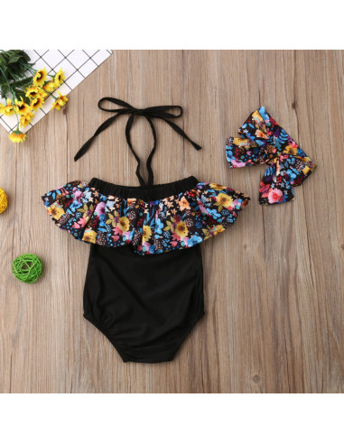 UP-drl47a23,Costum de baie cu volan inflorat si bentita