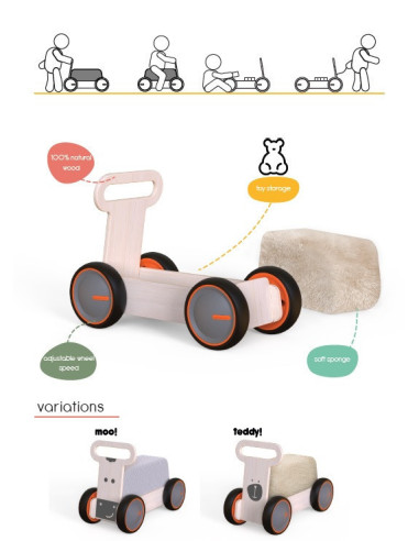 UP-Mtyz_rideonsoft1,Masinuta ride-on, premergator si carucior de jucarii MamaToyz DriveMe Soft, Ursulet - Jucarie din lemn 3 in 