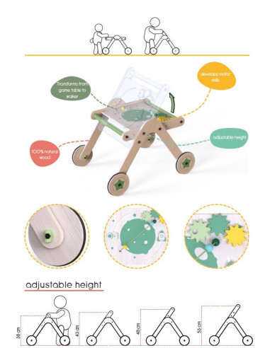 UP-Mtyz_walkme,Antepremergator din lemn 2 in 1 MamaToyz cu masuta de activitati