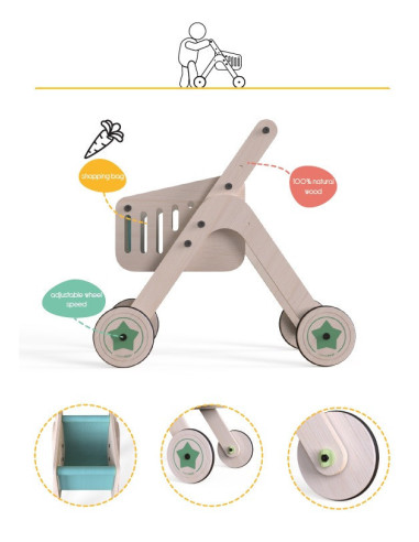 UP-Mtyz_shopper,Antepremergator din lemn 2 in 1 MamaToyz cu cos de cumparaturi